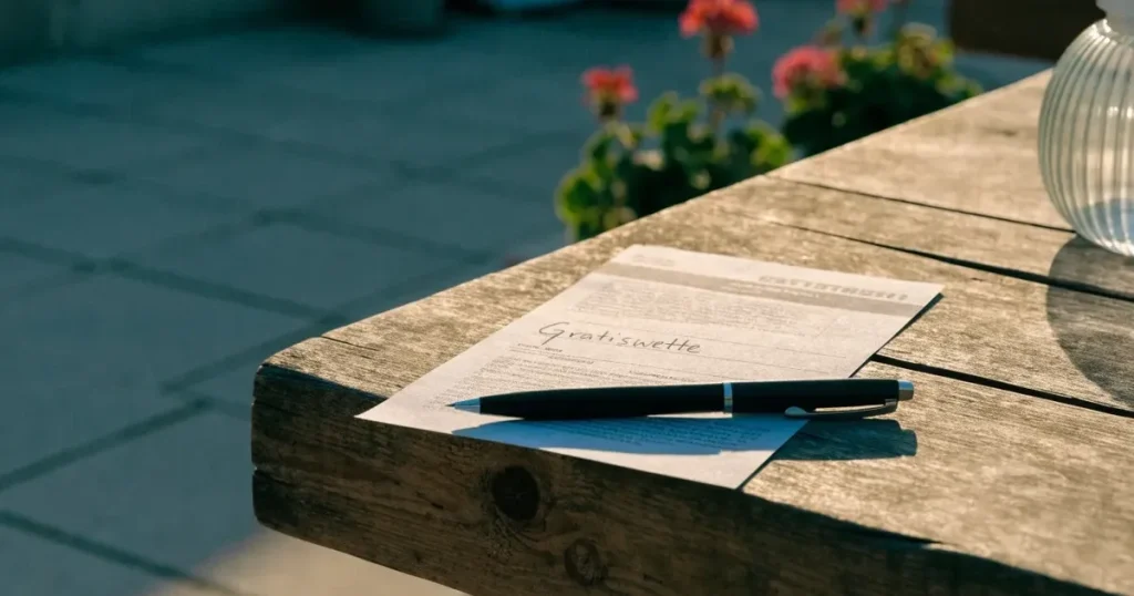 Ein leeres Wettschein-Papier und ein Kugelschreiber liegen auf einem Gartentisch auf einer Terrasse, daneben steht ein Windlicht.