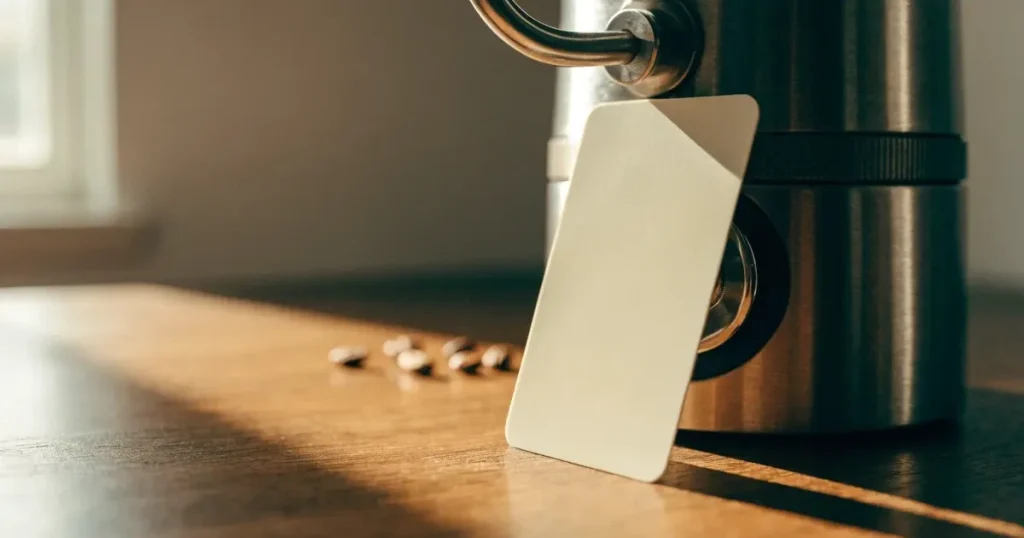 Eine leere cremefarbene Karte lehnt an einer Kaffeemühle auf einer Küchenablage.