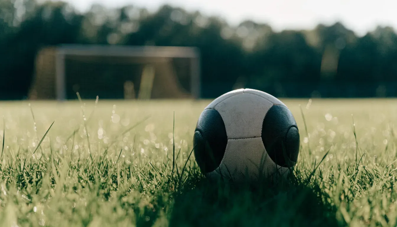 Ein Fussball auf dem Rasen aus niedriger Perspektive aufgenommen, die Torpfosten verschwimmen im Hintergrund.