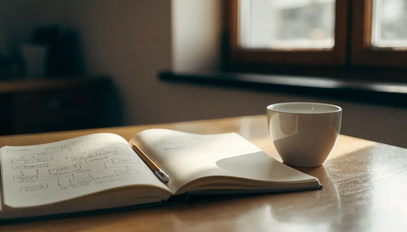 Ein aufgeschlagenes Notizbuch mit handschriftlichen Pfeilen und Kästchen liegt neben einer Kaffeetasse auf einem Schreibtisch am Fenster.