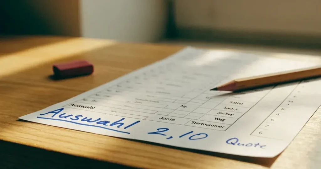 Ein leerer Wettschein aus Papier liegt neben einem Bleistift und einem Radiergummi auf einem hellen Holztisch im Tageslicht.