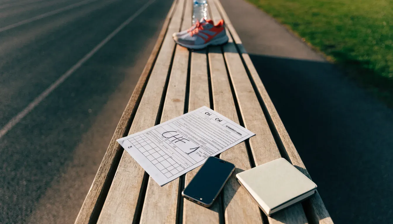 Ein Smartphone mit dunklem Bildschirm lehnt an einer Wasserflasche, daneben stehen Laufschuhe auf einer Bank am Sportplatz.