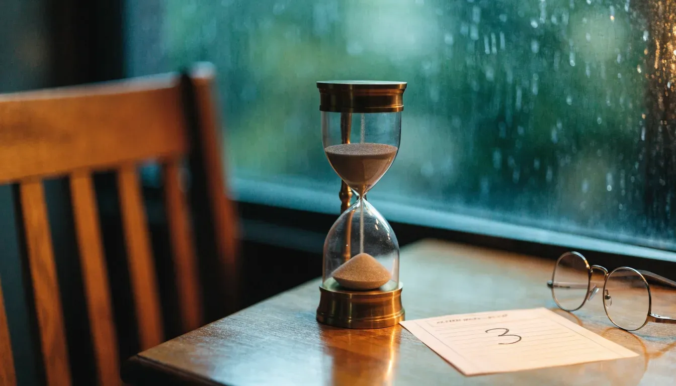 Eine Sanduhr steht auf einem Holztisch neben einer Brille, hinter dem Fenster laufen Regentropfen über das Glas.
