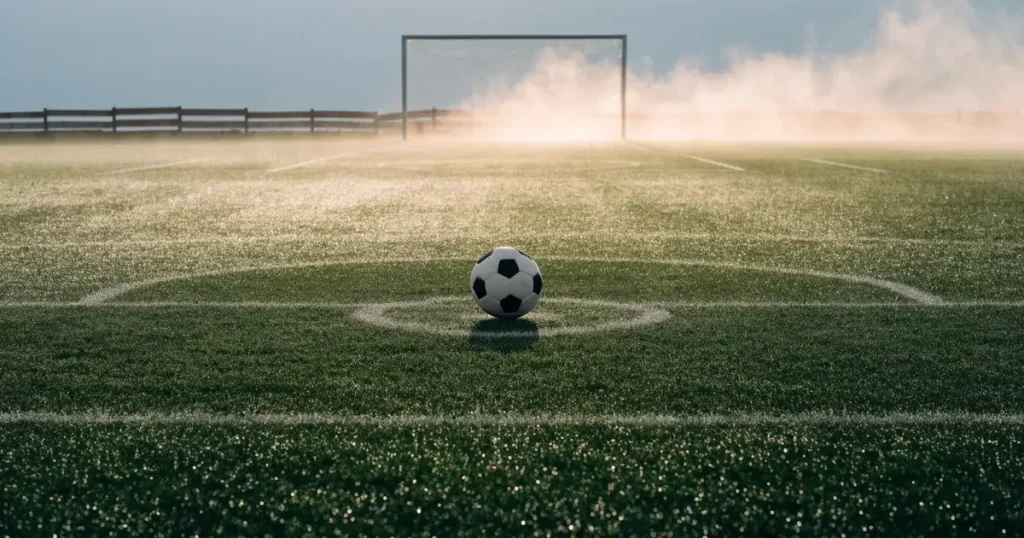 Ein Fussballplatz im Morgennebel, im Mittelkreis liegt ein einzelner Ball und der Rasen glänzt vom Tau.