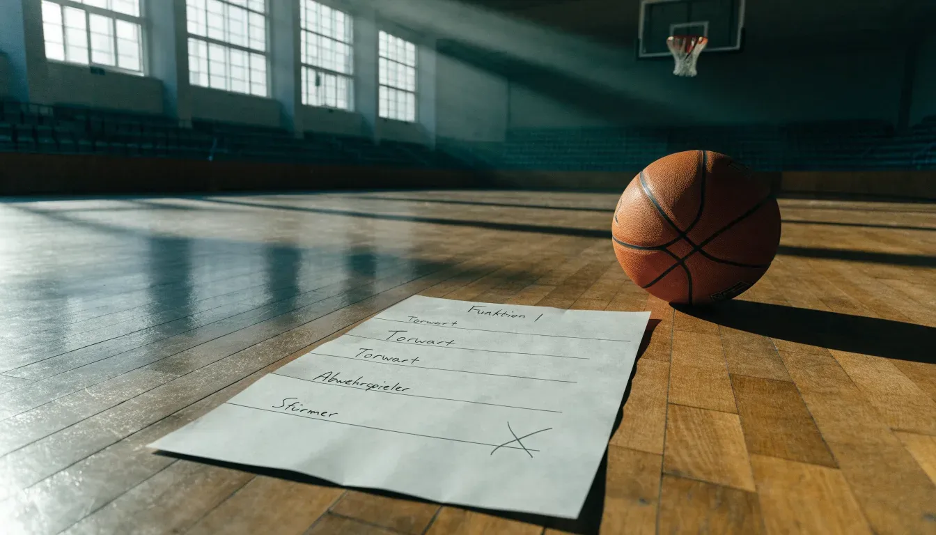 Ein Basketball liegt unter dem Korb in einer leeren Sporthalle, durch hohe Fenster fällt Tageslicht auf das Parkett.