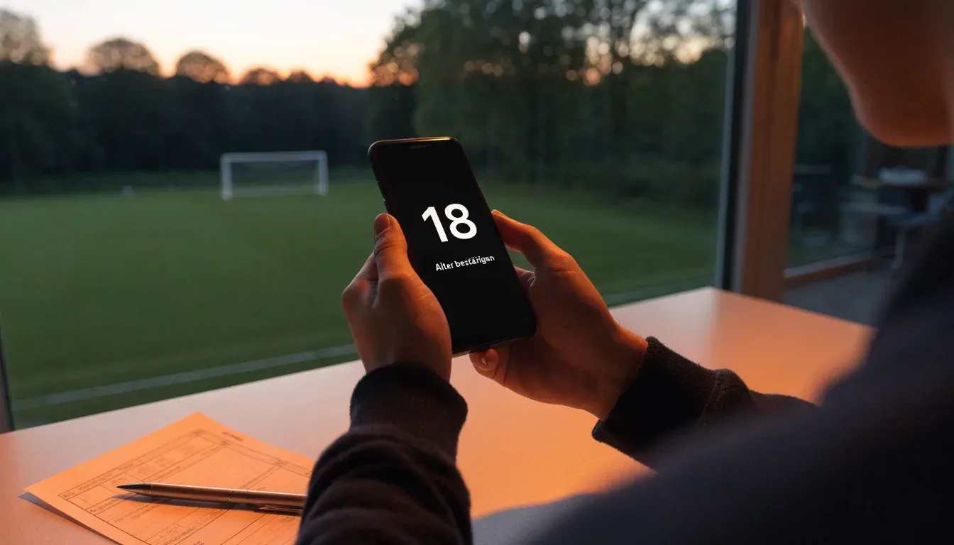 Ein Fussballtor ohne Netz steht auf einer Wiese am Waldrand, die Abenddämmerung färbt den Himmel orange.