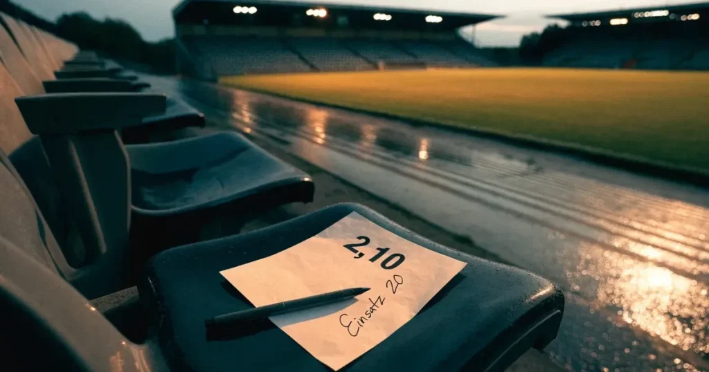 Eine Reihe leerer Sitzschalen auf der Tribüne eines kleinen Stadions, auf den Stufen glänzt Regenwasser.