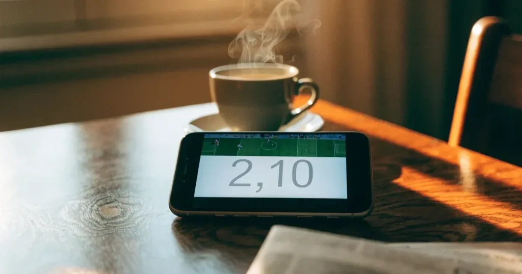 Ein Smartphone mit dunklem Display liegt auf einem Holztisch neben einer Kaffeetasse, durch das Fenster fällt warmes Abendlicht.