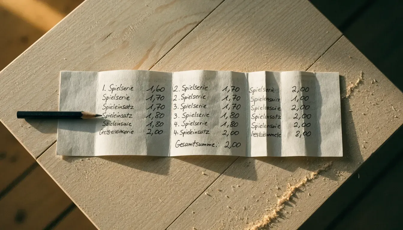 Ein ausgeklappter Zollstock liegt auf einer Werkbank, daneben ein Bleistiftstummel im feinen Sägemehl.