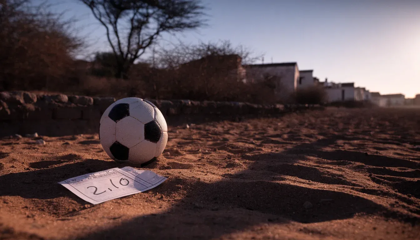 Ein Fussball liegt auf rotbraunem Sand am Rand eines Dorfes, die Abendsonne wirft lange Schatten.