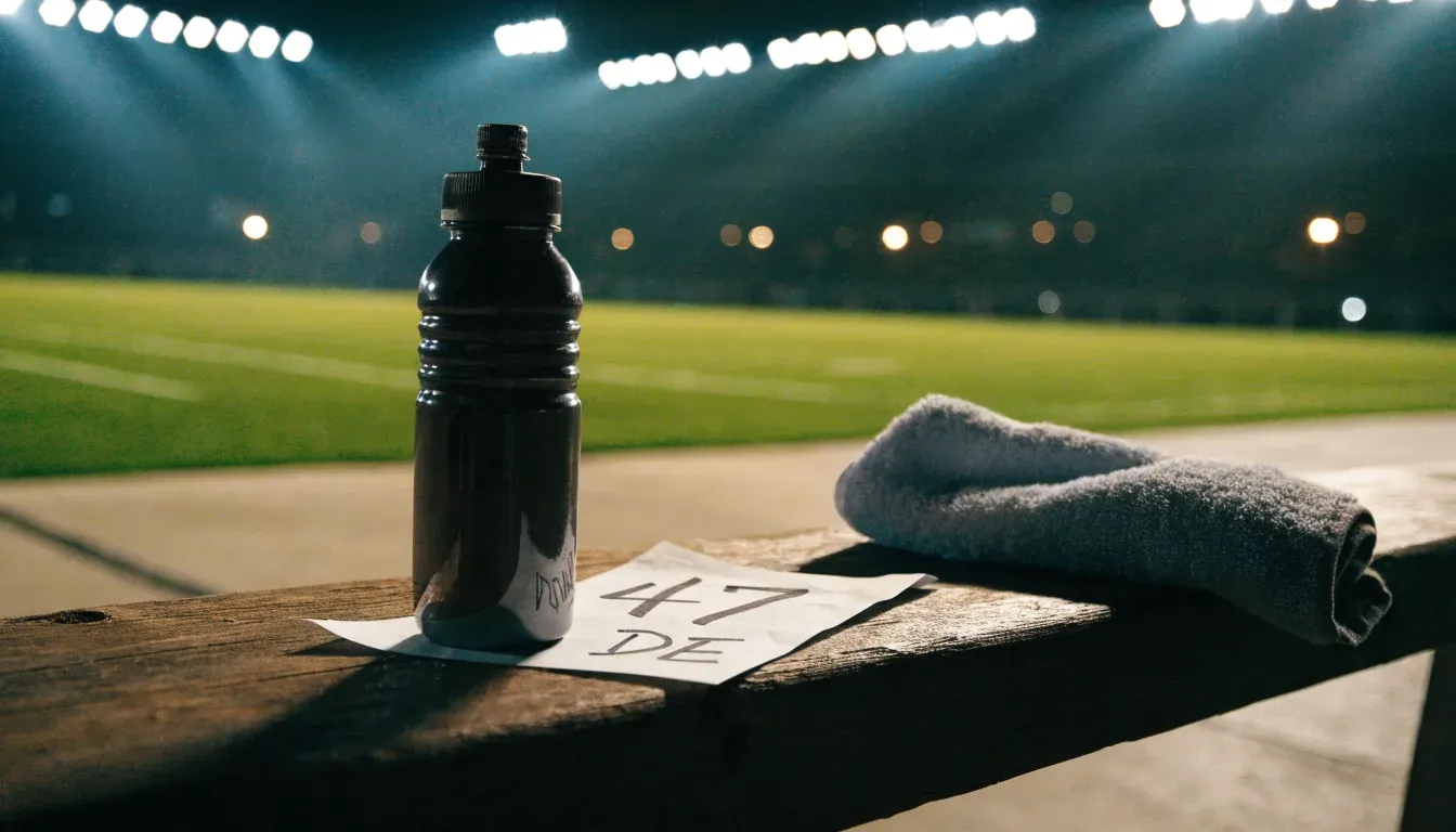 Eine Trinkflasche und ein Handtuch liegen auf einer Holzbank am leeren Spielfeldrand unter dem Licht der Flutlichter.