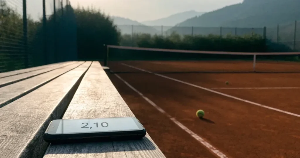 Ein Sandplatz im ersten Morgenlicht, die Linien sind frisch gezogen, das Netz bewegt sich leicht im Wind, Berge im Dunst.