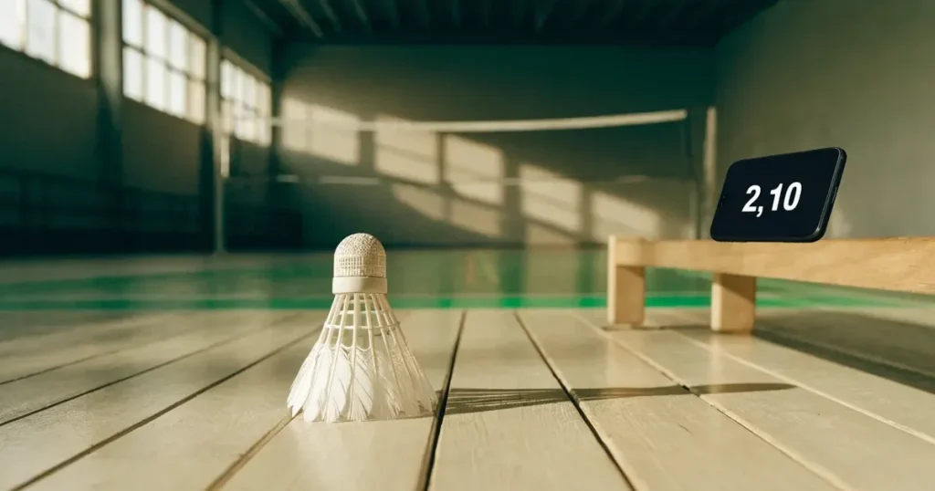 Ein Federball liegt auf dem Boden einer leeren Sporthalle, das Netz verschwimmt im Hintergrund, Licht fällt durch hohe Fenster.