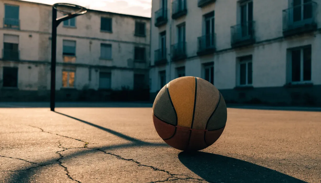 Ein Basketball liegt auf einem Asphaltplatz in einem Hinterhof zwischen Wohnblöcken, das Abendlicht färbt die Wände warm.