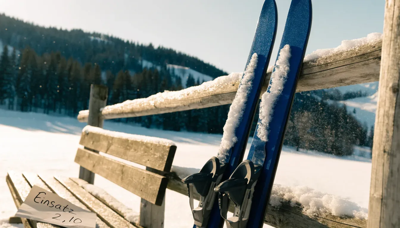 Ein Paar Langlaufskier steckt aufrecht im Schnee neben einem Holzzaun, die Sonne glitzert auf Eiskristallen.