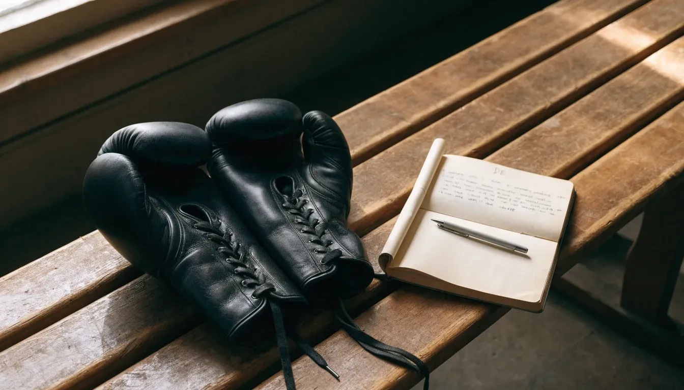 Ein Paar Boxhandschuhe aus Leder liegt auf einer Holzbank neben einem Notizbuch mit handgeschriebenen Zeilen, warmes Fensterlicht