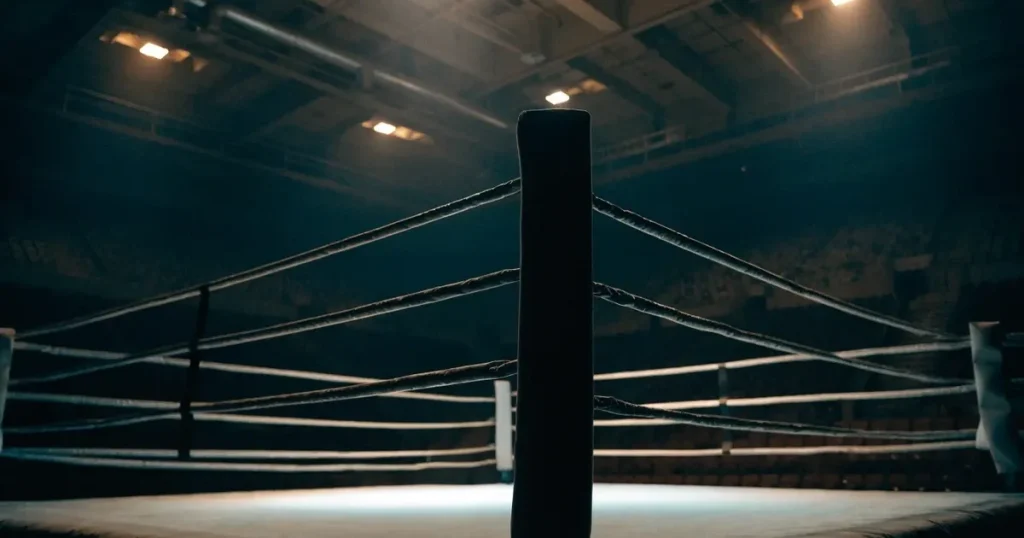 Ein leerer Boxring mit gespannten Seilen unter hellem Hallenlicht, dahinter ansteigende Zuschauerränge in einer grossen dunklen Halle