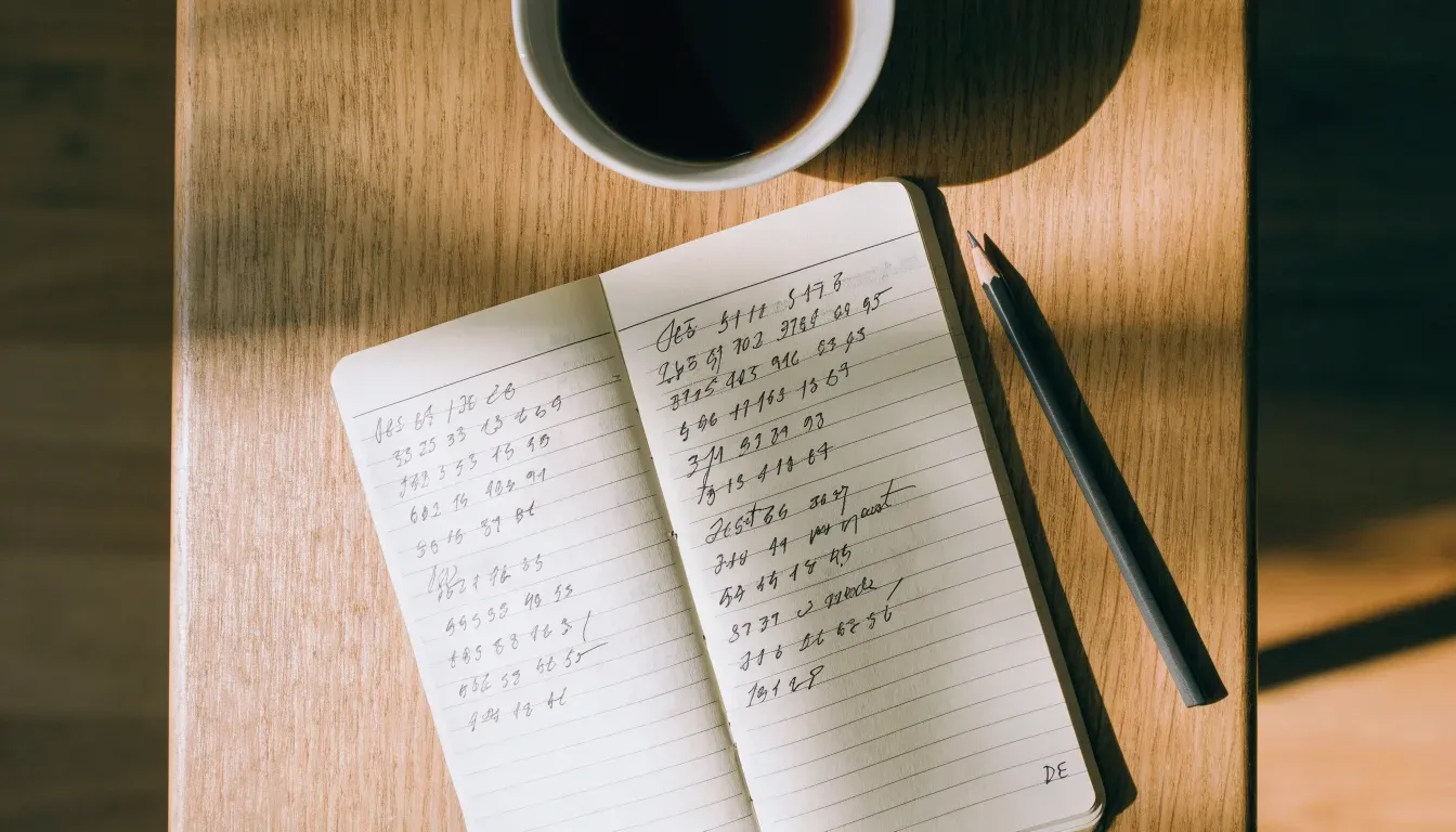 Ein aufgeschlagenes Notizbuch mit handgeschriebenen Spalten und ein Bleistift neben einer Tasse Kaffee auf einem Holztisch am Morgen