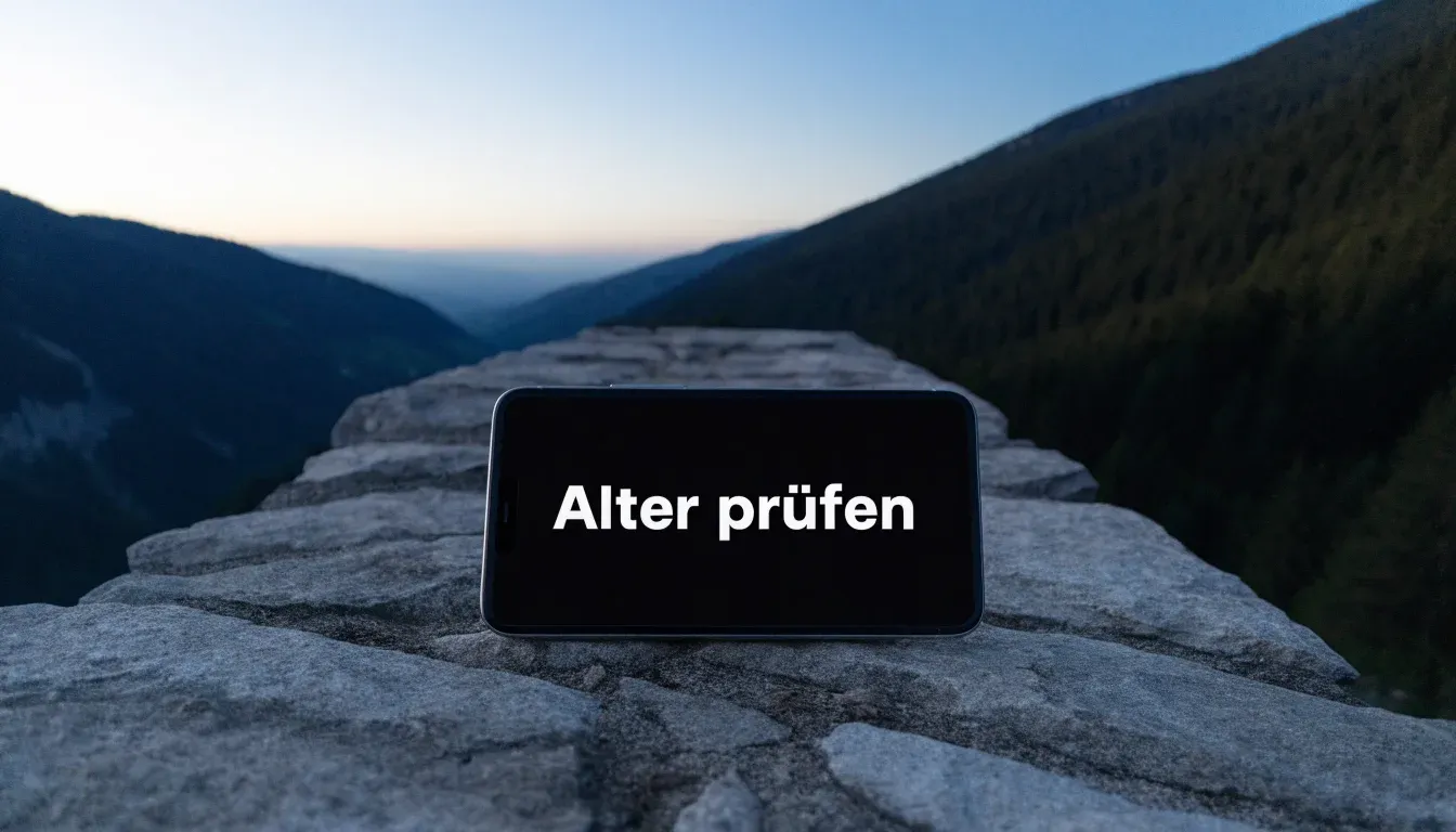Ein Smartphone mit dunklem Display liegt auf einer Steinmauer, dahinter ein Alpental im Abendlicht