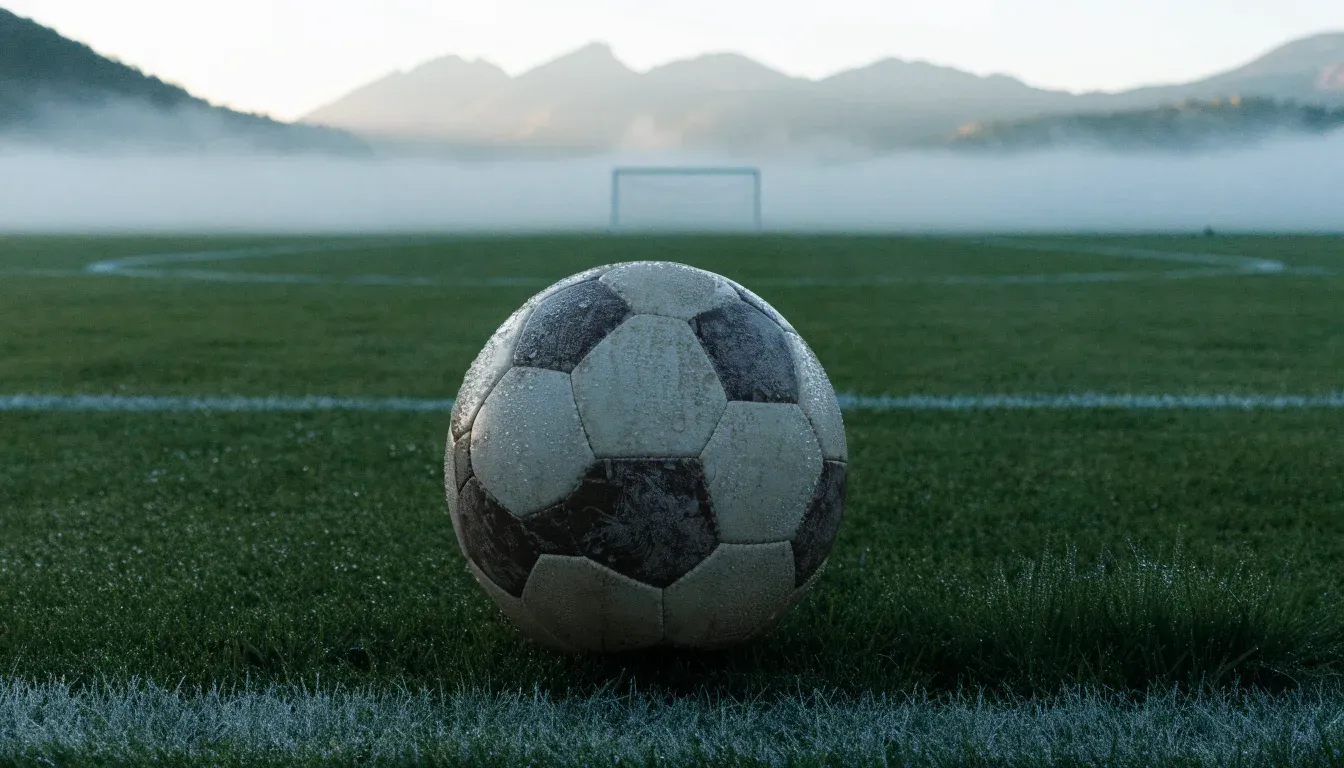 Ein einzelner Fussball auf dem Mittelpunkt eines leeren Rasens im Morgennebel, hinter dem Tor ragen Berge auf