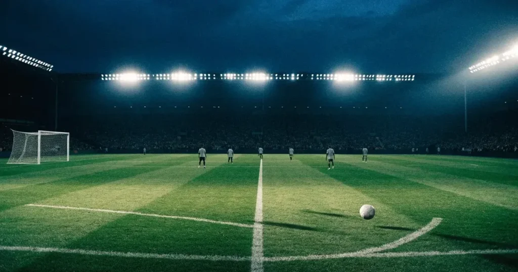 Ein Fussballstadion bei Flutlicht von einer Anhöhe aus gesehen, der Rasen leuchtet grün unter dunklem Abendhimmel