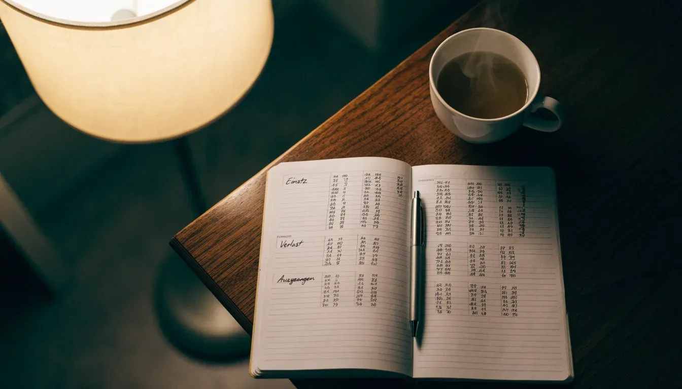 Ein Notizbuch mit handschriftlichen Einträgen und eine Tasse Tee stehen auf einem Tisch neben einer Stehlampe