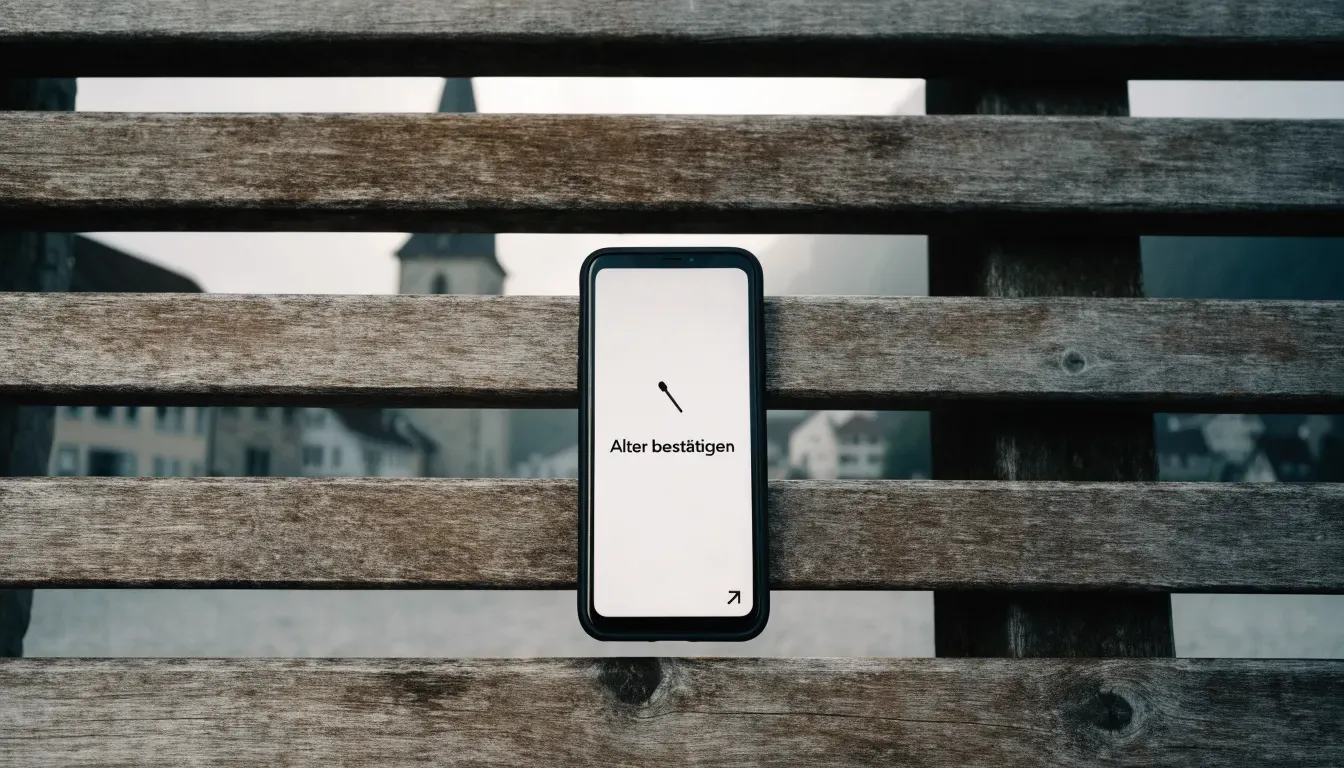 Ein Smartphone mit dunklem Display liegt auf einer Parkbank, dahinter ein Schweizer Dorf mit Kirchturm im Dunst