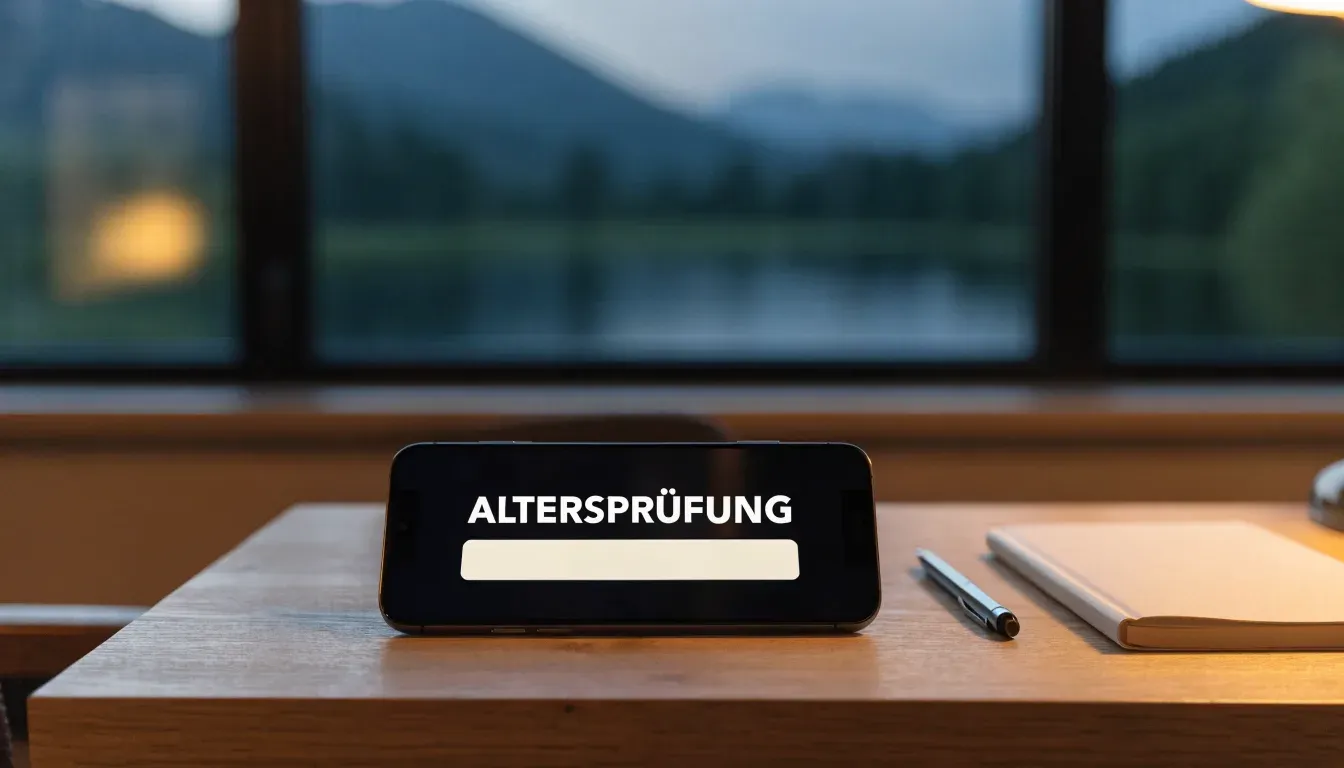 Eine leere Holzbank am Seeufer in der Dämmerung, im Hintergrund dunkle Berge