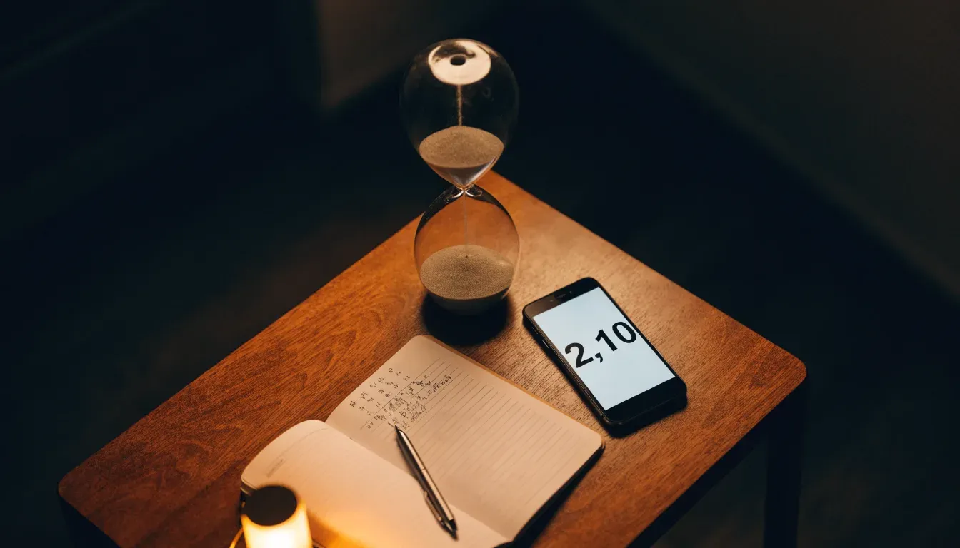 Eine Sanduhr steht auf einem Schreibtisch neben einem Notizbuch mit handschriftlichen Einträgen im Licht einer Lampe