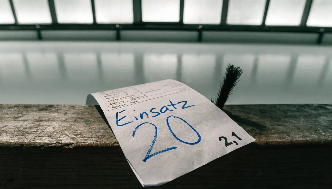 Zwei Curlingbesen lehnen an einer Bande am Rand einer leeren Eisfläche, kaltes Licht fällt durch hohe Fenster