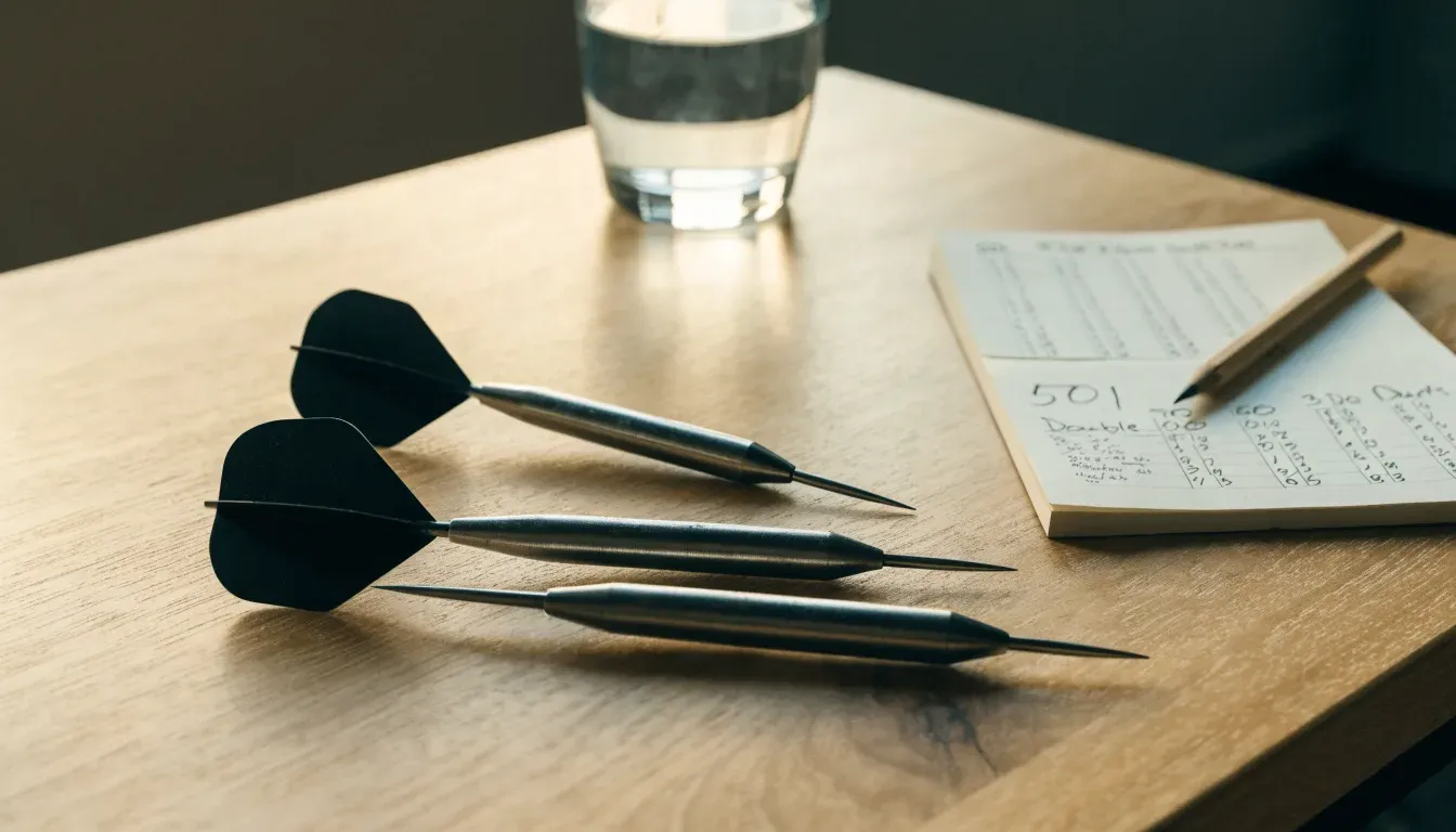 Drei Dartpfeile liegen auf einer Holzfläche neben einem Notizblock mit handschriftlichen Zahlen und einem Glas Wasser