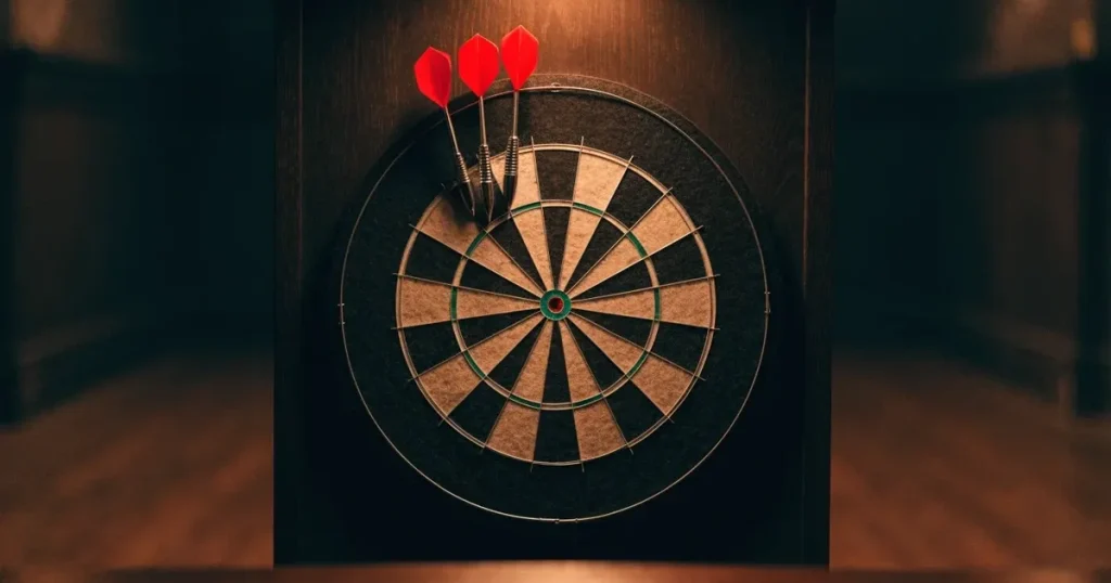 Drei Dartpfeile stecken in einer Dartscheibe an einer Holzwand in einer dämmrigen Kneipe, warmes Lampenlicht fällt von oben