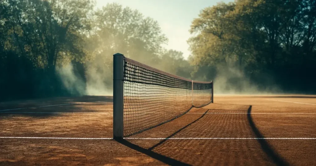 Ein Tennisplatz aus Sand bei Sonnenaufgang mit gespanntem Netz, Nebel zwischen den Bäumen am Rand