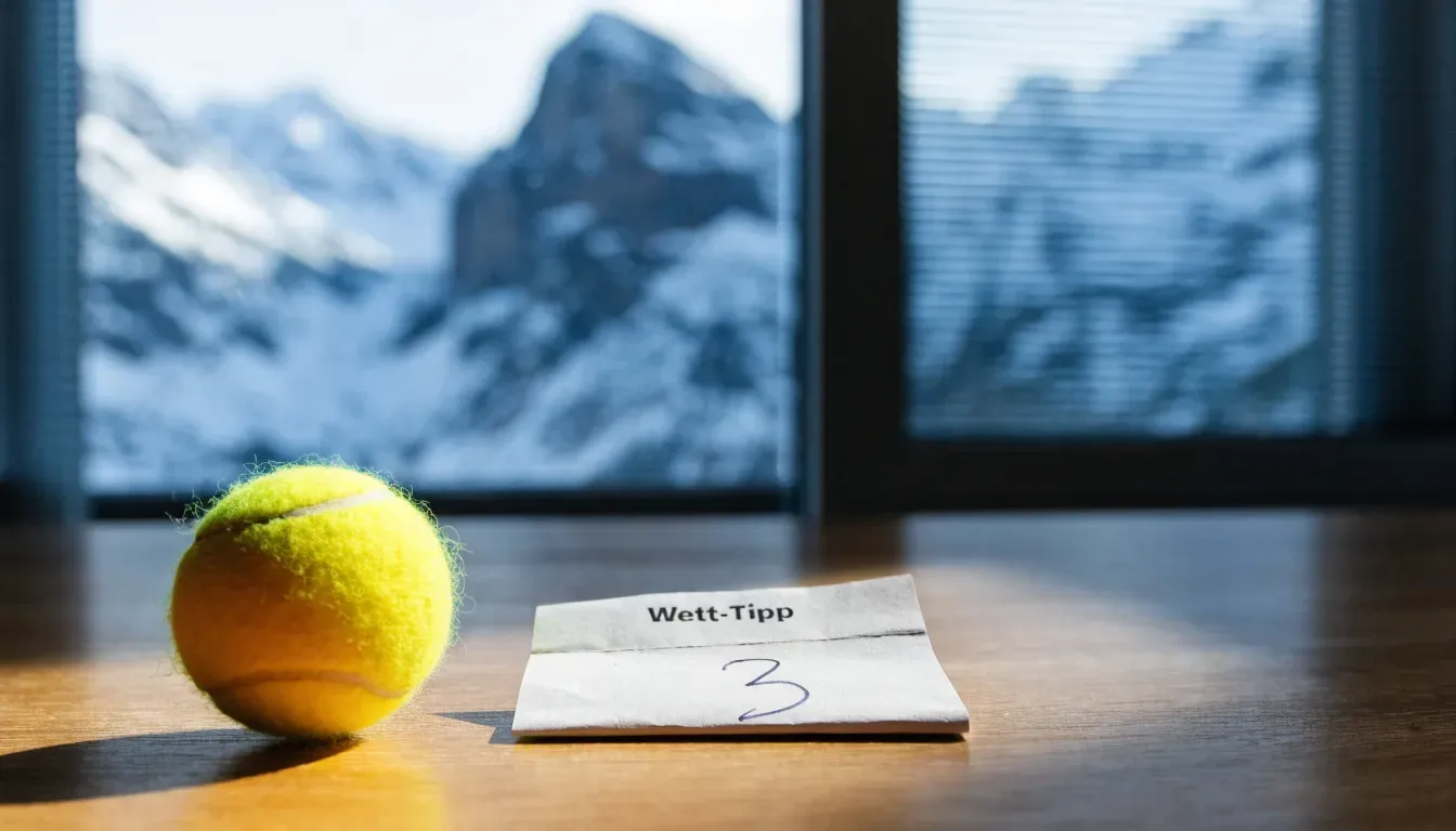 Ein einzelner gelber Tennisball liegt auf einem Holztisch vor einem Fenster mit Alpenblick