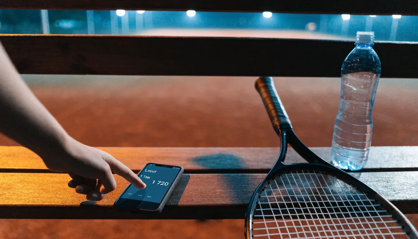 Ein Tennisschläger lehnt an einer Bank neben einer Wasserflasche, am Abend ruht der Platz im Flutlicht, aus der Ferne gesehen