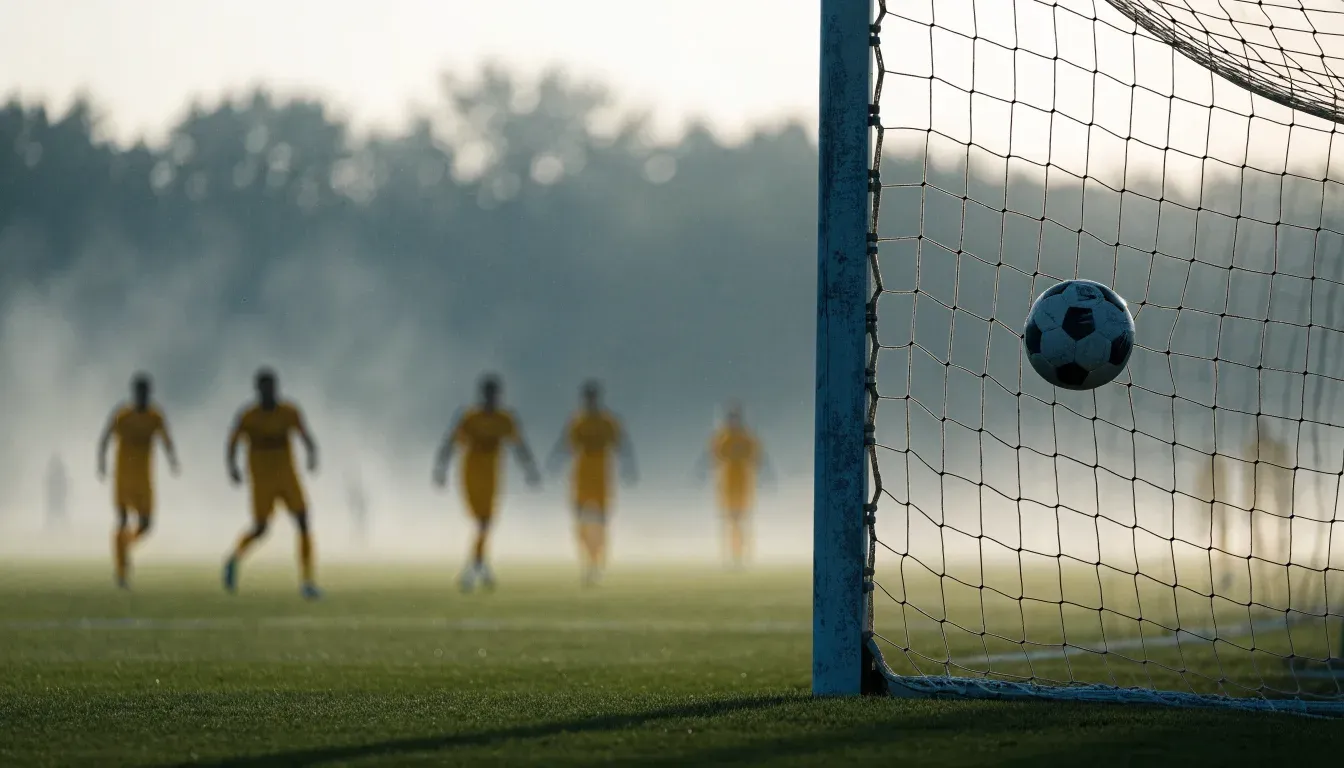 Ein Fussball liegt im Netz hinter einem Tor, weicher Morgennebel hängt über dem Rasen