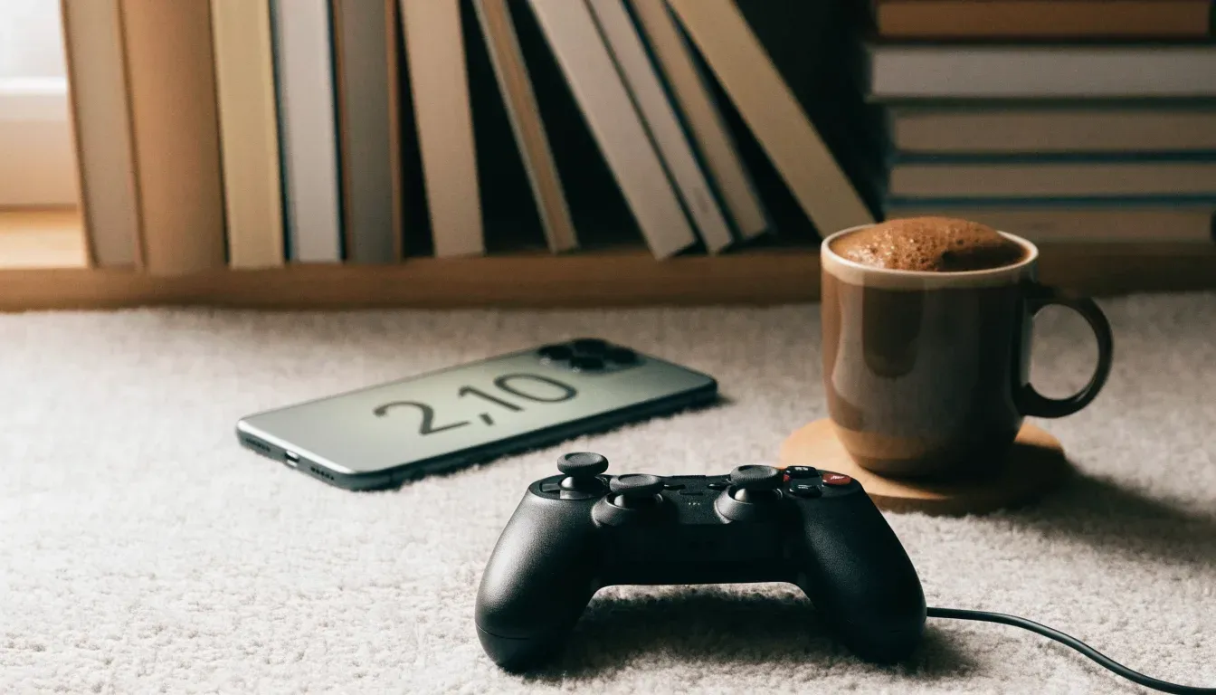 Ein Spielcontroller liegt auf einem Teppich neben einer Tasse, im Hintergrund ein Regal mit Büchern