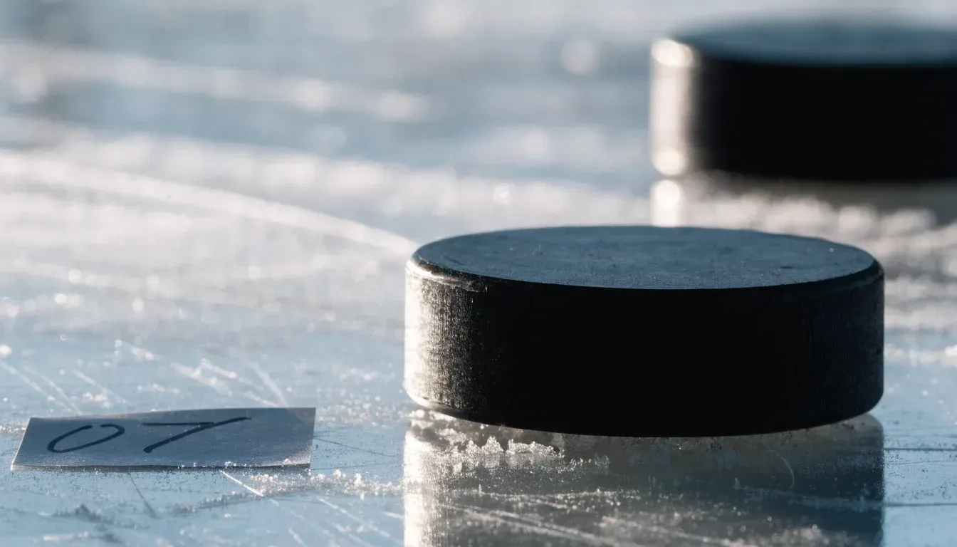 Ein Eishockeypuck liegt auf einer Eisfläche mit Kratzspuren, Nahaufnahme mit kühlen Reflexen
