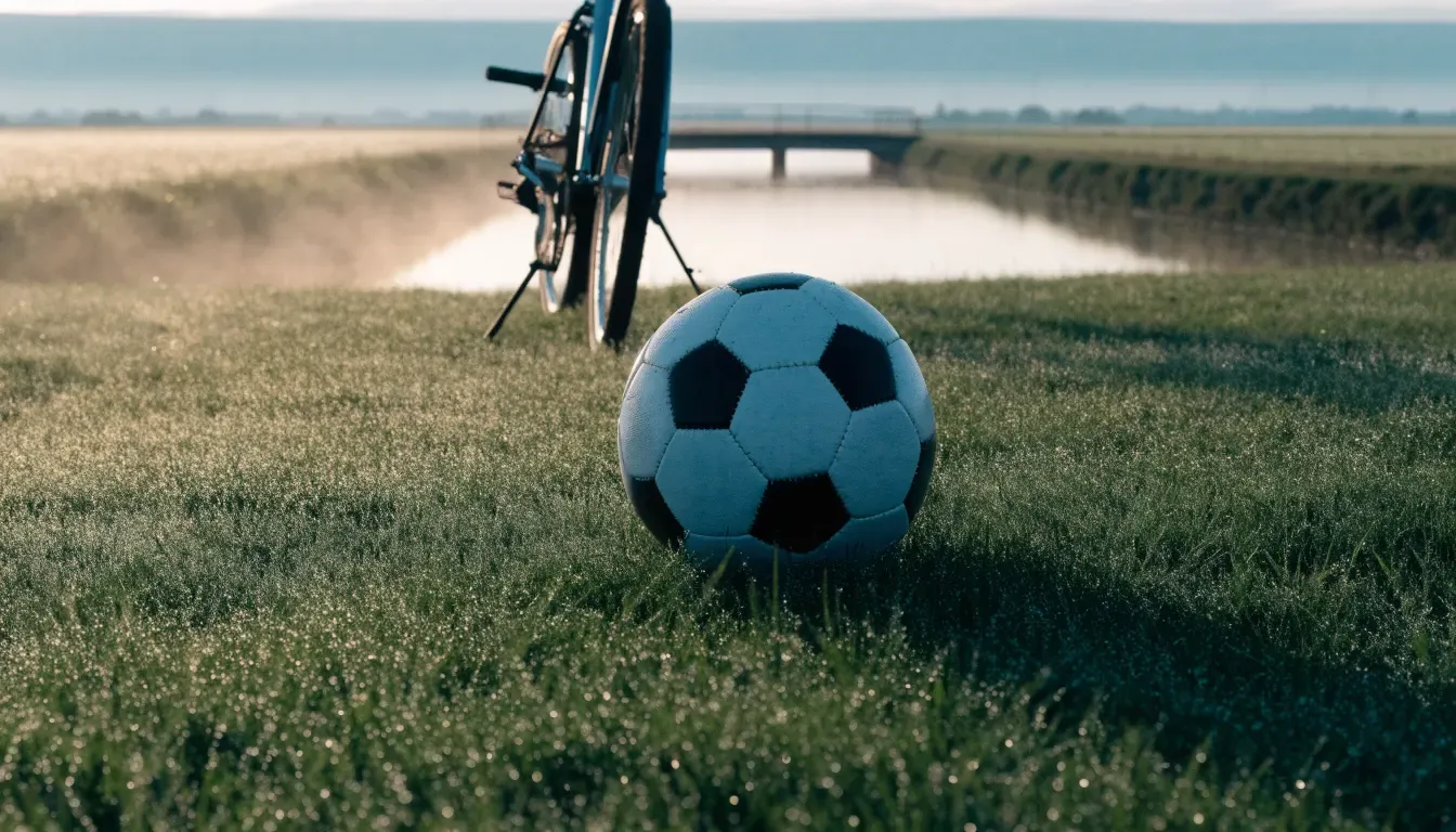 Ein Fussball liegt auf einer Wiese neben einem Fahrrad, im Hintergrund ein Kanal im Morgenlicht