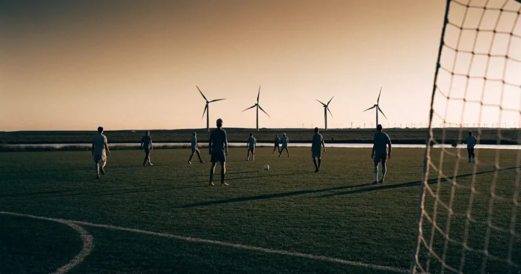 Ein Fussballplatz neben einem Kanal in flachem Land mit Windrädern am Horizont, Abendlicht liegt über dem Rasen