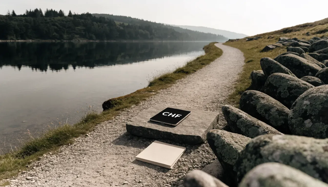 Ein schmaler Wanderweg führt am Seeufer entlang, auf einem Stein liegt ein Smartphone mit dunklem Display