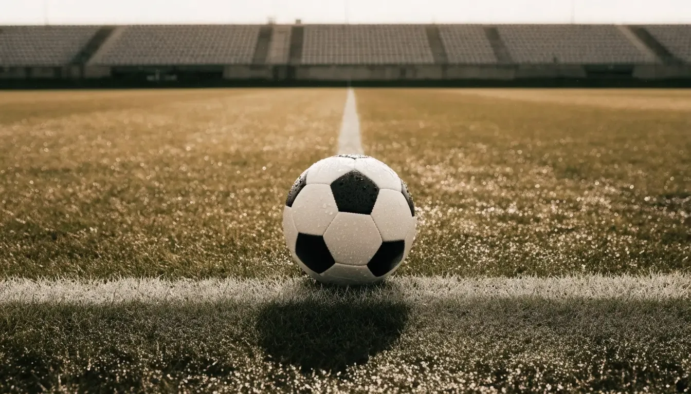 Ein Fussball liegt auf dem Anstosspunkt eines nassen Rasens, dahinter eine leere Tribüne unter grauem Himmel.
