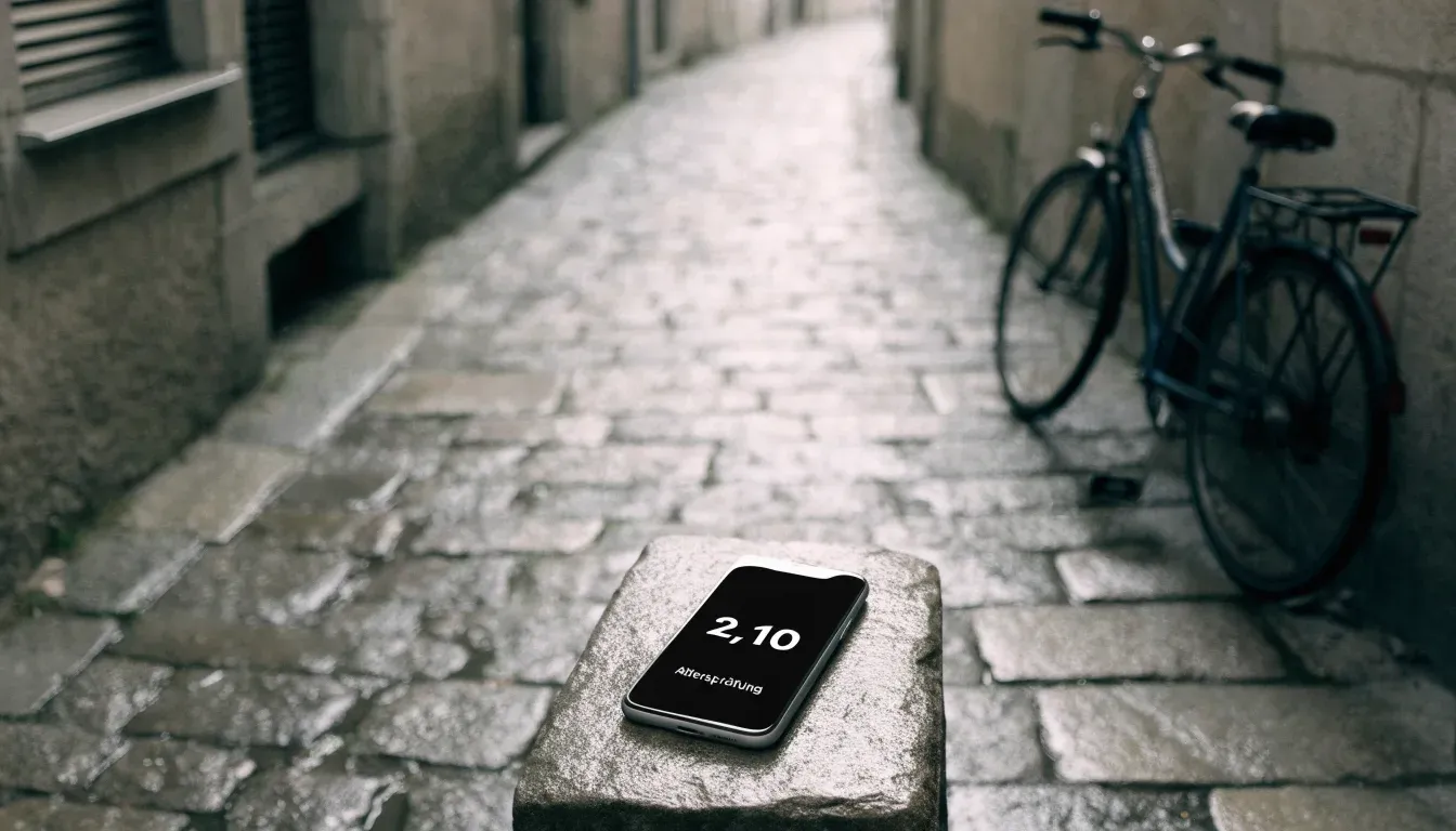 Ein Fahrrad lehnt an einer Mauer in einer Altstadtgasse, das Kopfsteinpflaster glänzt nass nach dem Regen.