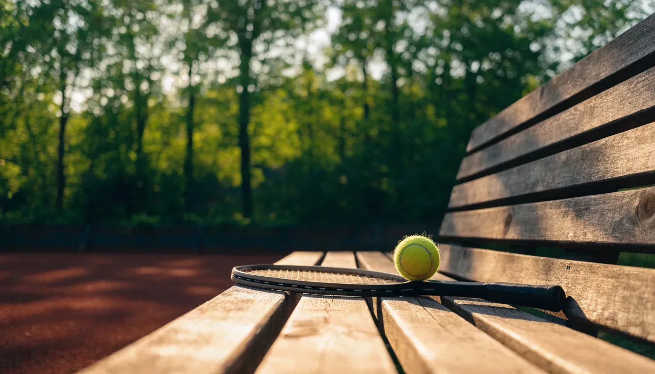 Ein Tennisball und ein Schläger ruhen auf einer Holzbank am Spielfeldrand, im Hintergrund hohe Bäume im Sommerlicht.