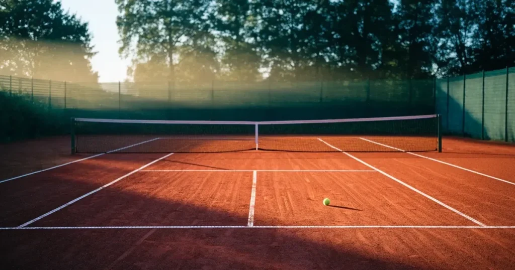 Ein Tennisplatz aus rotem Sand liegt im ersten Licht des Morgens, das Netz hängt still und die Linien sind frisch gezogen.
