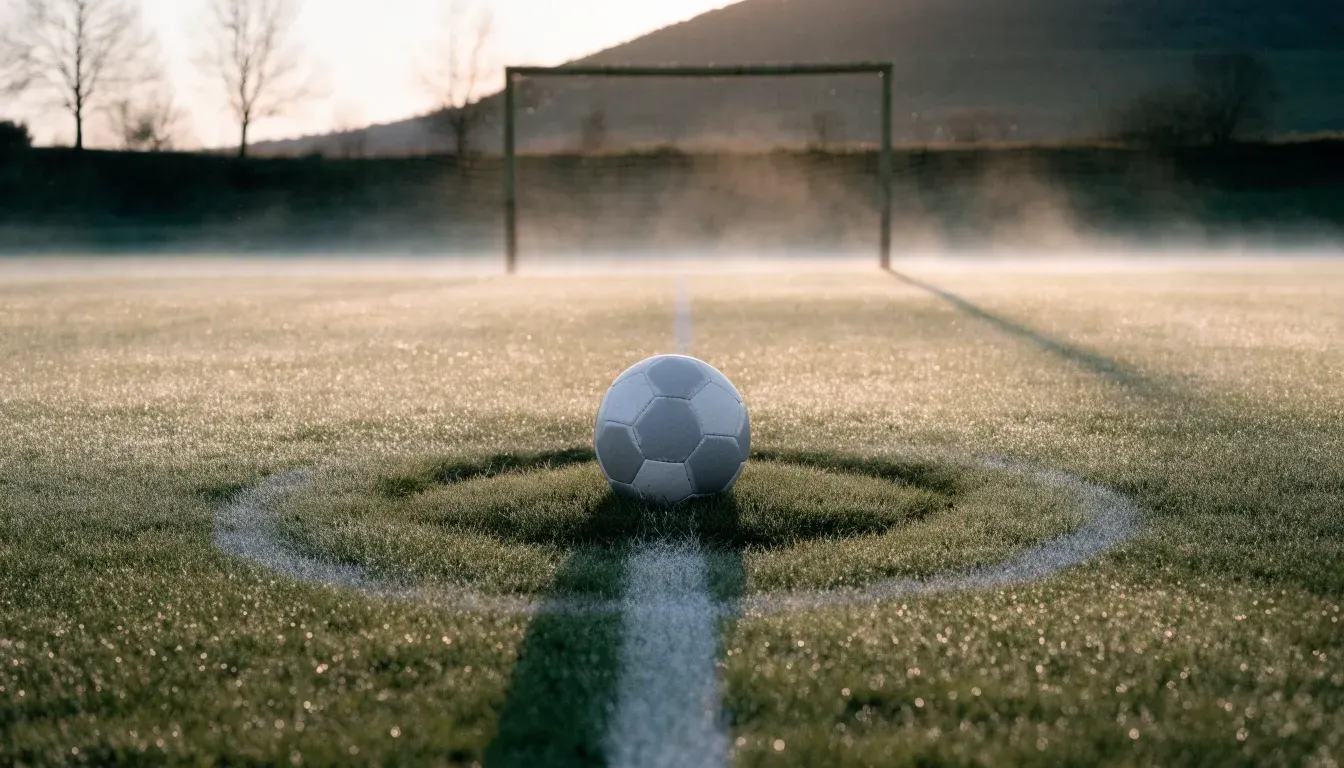 Ein Fussball liegt im Tau auf der Mittellinie eines Dorfplatzes bei Sonnenaufgang, der Rasen glitzert.