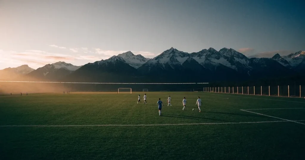 Ein Fussballplatz aus der Vogelperspektive mit sauberen Linien auf dichtem Rasen, in der Ferne verschneite Berge.