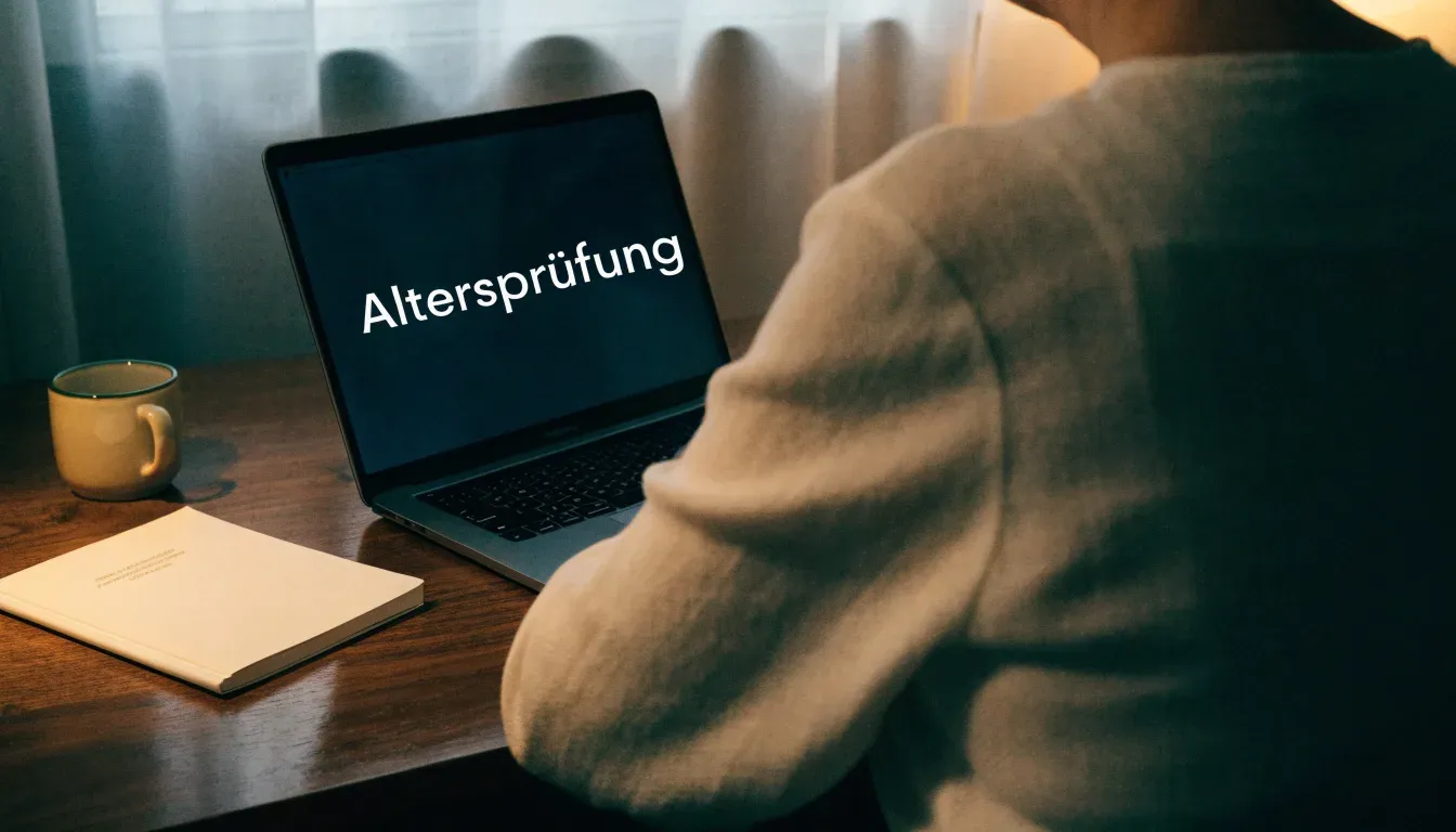 Eine Messingwaage steht auf einem dunklen Holzregal in einem ruhigen Raum, Staub tanzt im Licht.