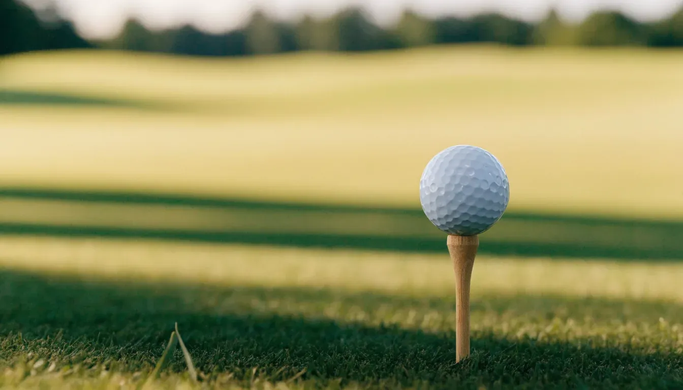 Ein Golfball liegt auf einem Holztee im Gras, scharf im Vordergrund, dahinter verschwimmt eine weite Wiese.