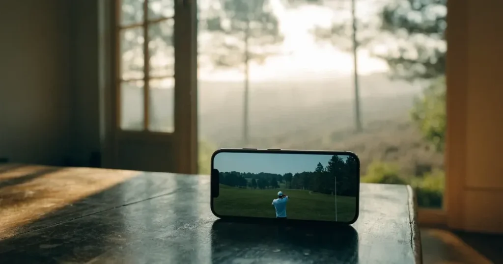 Ein weites Fairway zieht sich im Dunst des frühen Morgens zwischen Föhren hin, Tau liegt auf dem kurzen Gras.